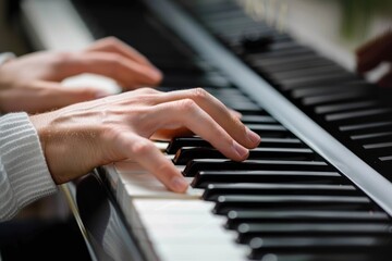 Obraz premium Close-up of Hands Playing Piano Keys.