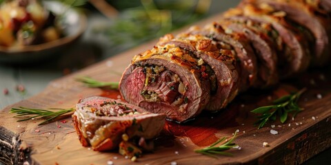 Beef tenderloin rolls with stuffing on a wooden board