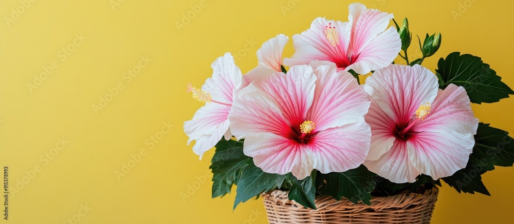 Poster White and pink hibiscus flowers in a wicker container set against a yellow backdrop with text space. with copy space image. Place for adding text or design
