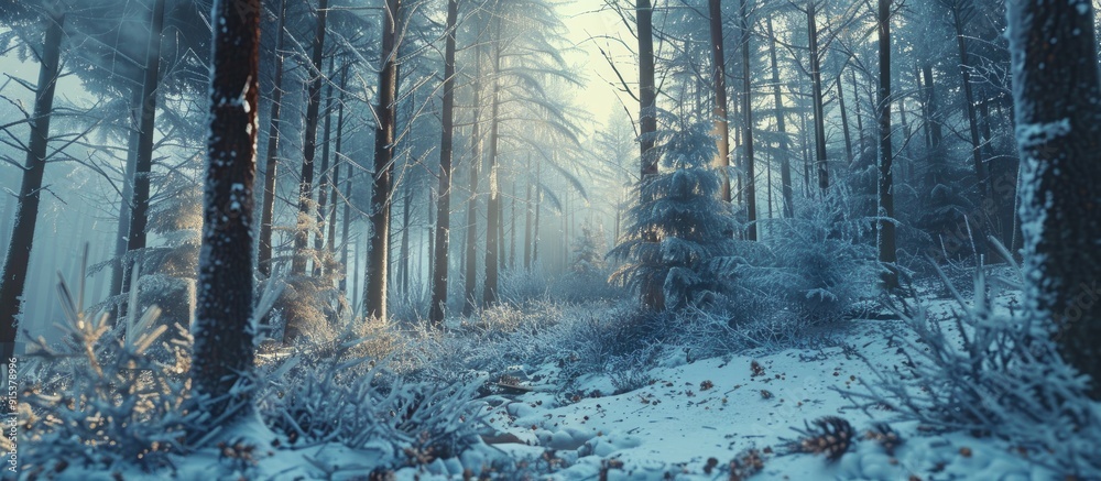 Sticker winter larch woodland and azure sky. with copy space image. place for adding text or design