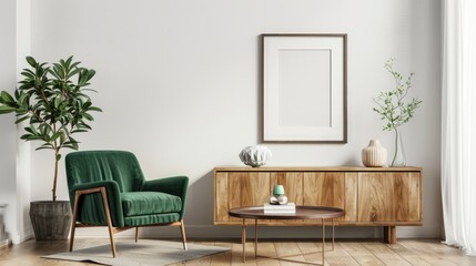 Chic living room interior: framed poster, green chair, coffee table, wooden sideboard, decor template.