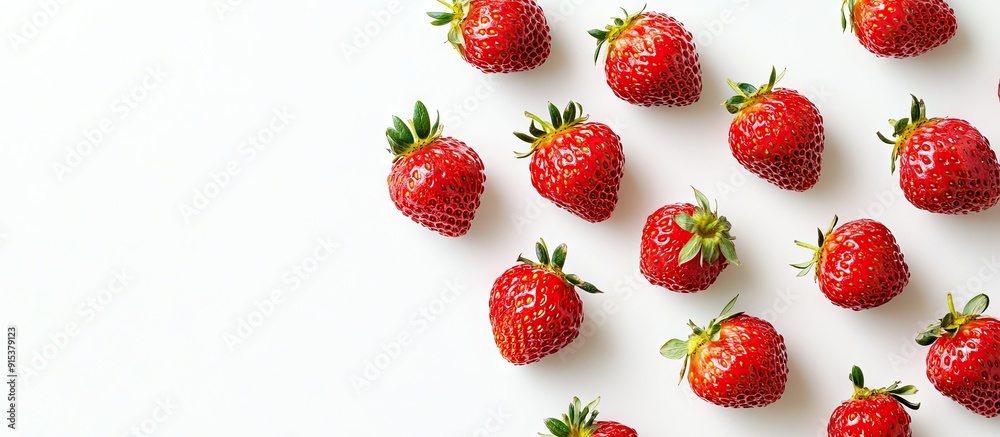 Wall mural delicious ripe strawberries on a white background arranged from a top view area for text. with copy 