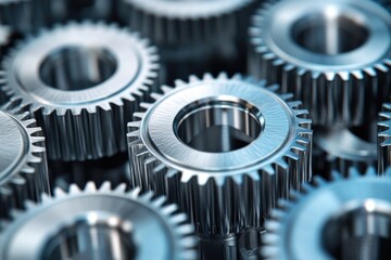 Close-up view of a group of shiny metallic cogwheels forming a mechanism