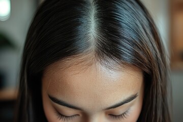 Young woman showing her scalp and parting her hair