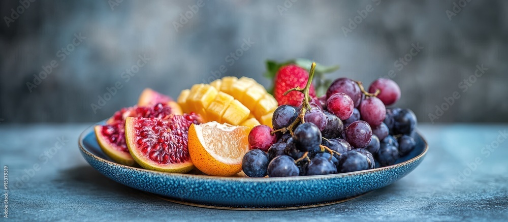 Aufkleber still life featuring fresh israeli fruits on a blue ceramic plate a vibrant image of succulent fruit