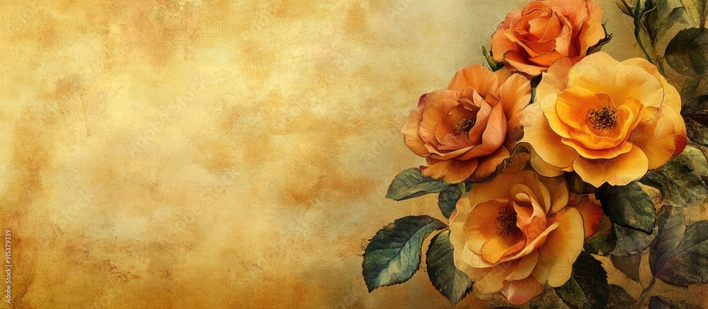 Aufkleber textured vintage paper backdrop featuring variegated yellow and orange roses. with copy space image. Place for adding text or design