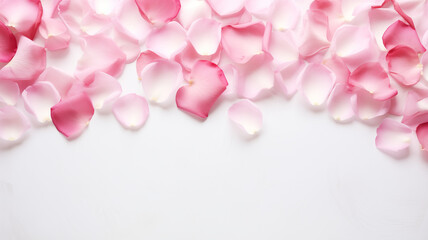 Scattered rose petals on white background