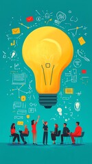 Brainstorming session with a giant lightbulb above a group of people.