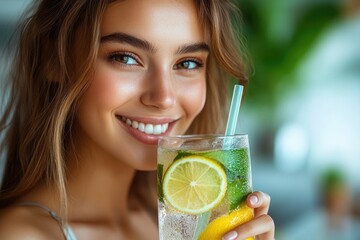 Fototapeta premium Beautiful woman drinking refreshing summer drink with lemon and mint