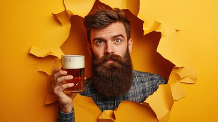 Bearded Man Holding Beer Mug Against Torn Yellow Background
