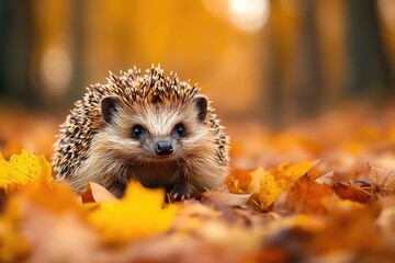 Hedgehog walking through a forest covered with autumn leaves