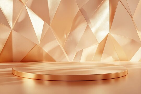 Glamorous Artistic Geometry Display, a podium featuring a matte metallic surface adorned with golden lines creating irregular polygons on a topaz gradient backdrop for showcasing cosmetics.