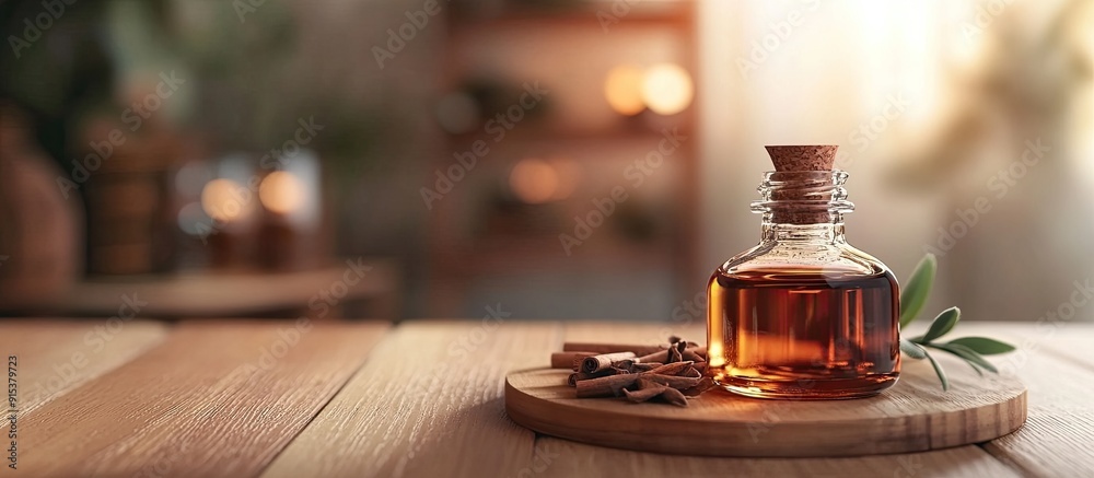 Poster sandalwood essential oil placed on the table. with copy space image. place for adding text or design