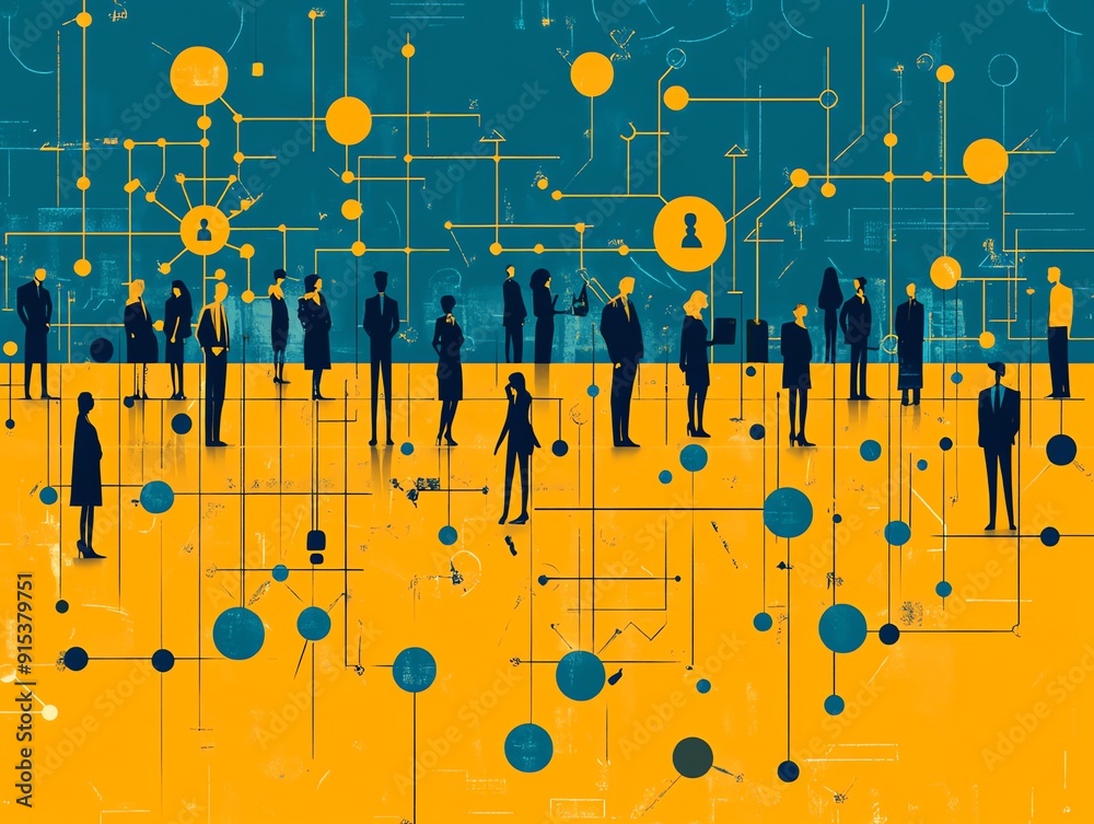 Poster abstract network connection concept with silhouettes of people.