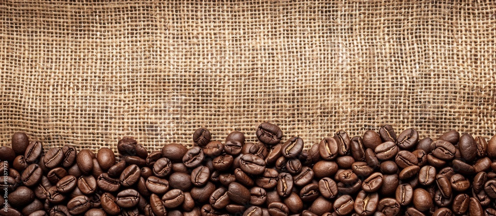 Poster Brown coffee beans on a light burlap background. with copy space image. Place for adding text or design