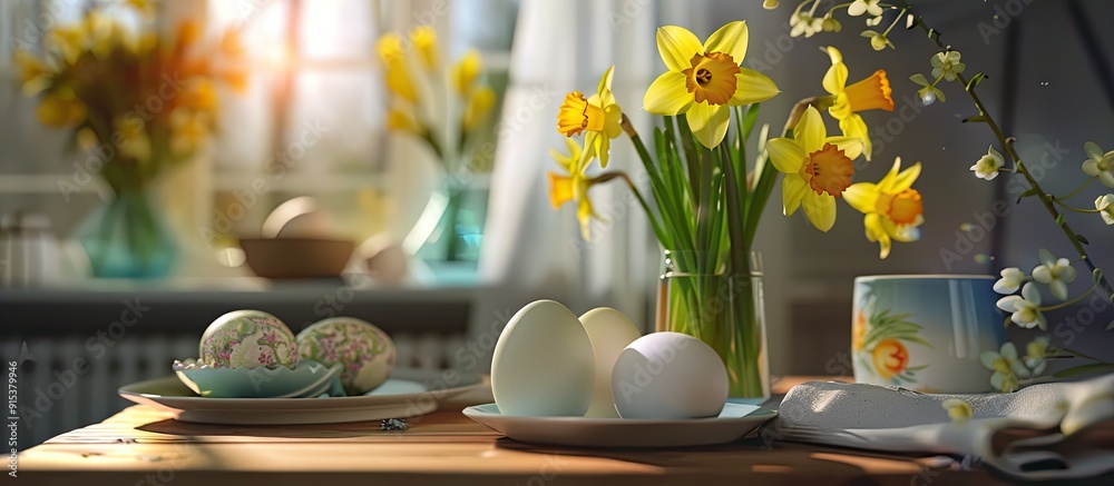 Poster Easter collage featuring a place setting eggs and daffodils. with copy space image. Place for adding text or design