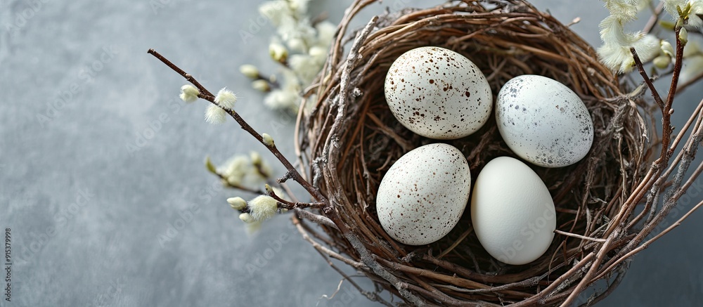 Aufkleber natural eggs in a nest alongside pussy willow branches a simple and stylish easter decoration for ta