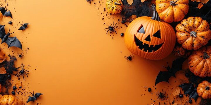 Halloween background featuring jack o lantern pumpkins and bats on orange background with copy space