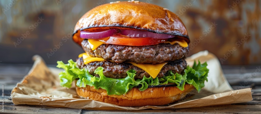 Poster beef burger or cheeseburger in a wooden container. with copy space image. place for adding text or d
