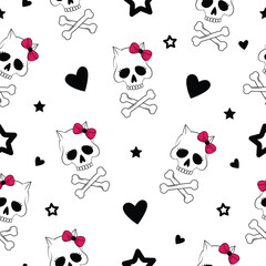 Cat skulls seamless vector pattern. Cute gothic wallpaper on white background.