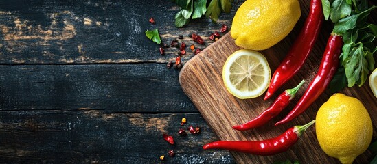 Top view of fresh chilies and lemons on a chopping board against a dark wooden background. with copy space image. Place for adding text or design