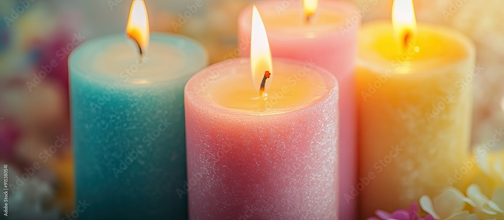 Poster white candle background for design colorful celebration candle with a close up view pink yellow whit