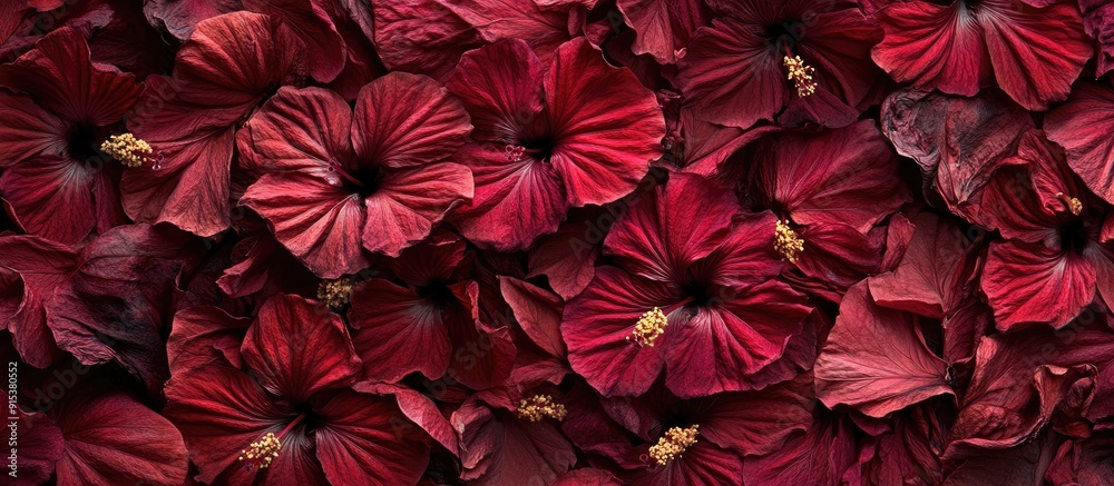 Poster Background of dried hibiscus flowers in a top view. with copy space image. Place for adding text or design