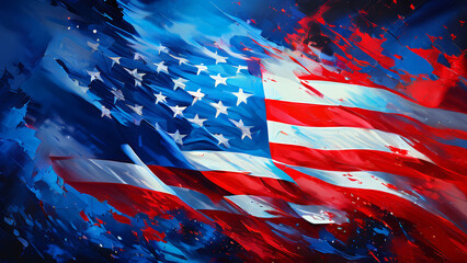 Abstract Oil Painting Depicting US Elections Stars and Stripes Country Outline Red and Blue Splash Effect