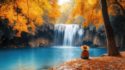 Fototapeta premium Woman wearing a hat enjoying a relaxing moment in front of a waterfall in autumn
