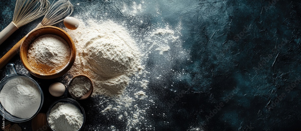 Aufkleber Flour dusted with various kitchen tools on a dark background Baking ingredient top view. with copy space image. Place for adding text or design