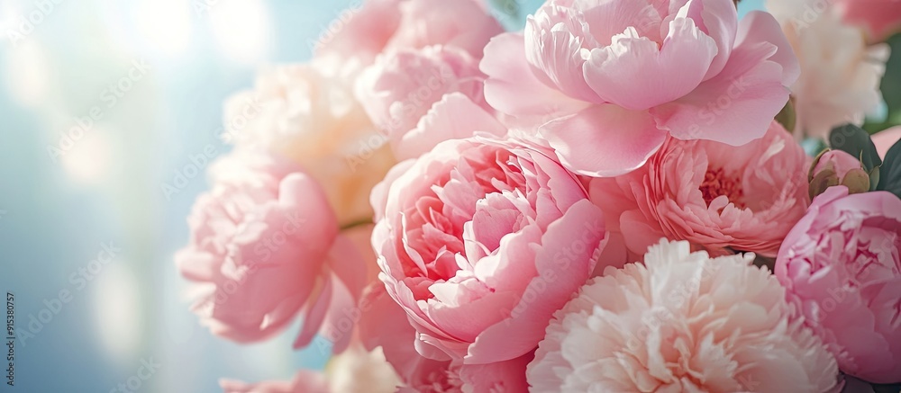 Poster bouquet of fresh pink peonies and roses card concept pastel hues close up image. with copy space ima