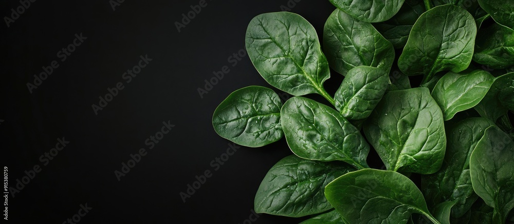 Leinwandbilder fresh spinach leaves against a black background. with copy space image. place for adding text or des