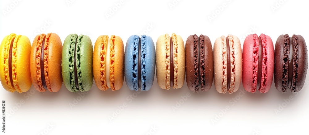 Poster Colorful French macaroons set against a white background. with copy space image. Place for adding text or design