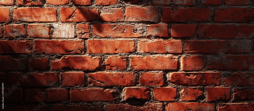 Poster Worn shabby chic red clay brick wall texture with random shadows falling on it. with copy space image. Place for adding text or design
