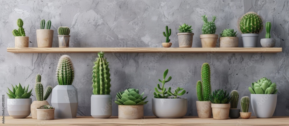 Fototapete white shelf featuring different cactus and succulent plants in pots against a gray wall houseplants 