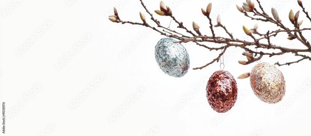 Aufkleber Decorative sequin eggs dangle from a branch against a white background creating an Easter backdrop with copy space