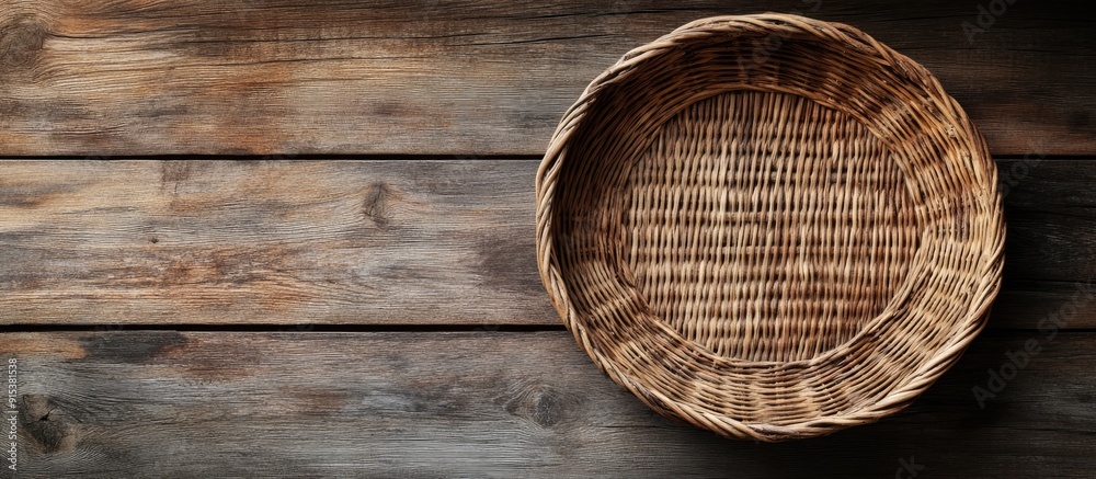 Poster An empty wicker basket tray featuring a circular pattern on a weathered wood background with copy space