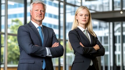 Fototapeta premium A middle-aged man in a suit stands proudly next to his smiling daughter, showcasing a warm connection in a contemporary workplace