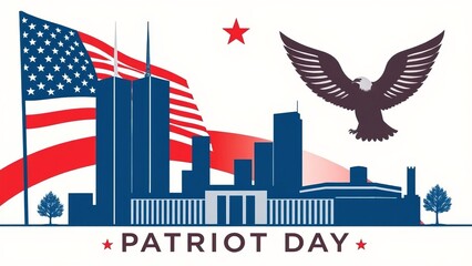 Naklejka premium Patriot Day Remembrance: American Cityscape with Eagle and Flags Honoring September 11