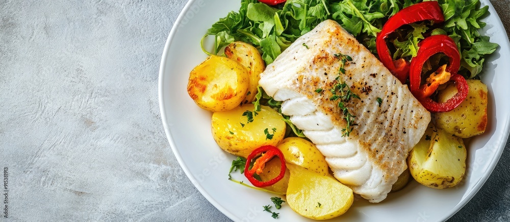Leinwandbilder cod fish with red pepper potato and salad on a white plate against a ceramic background. with copy s