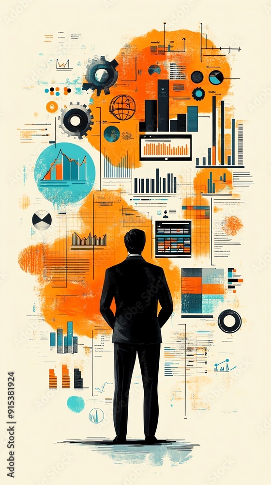 Poster businessman analyzing data and charts on a wall.