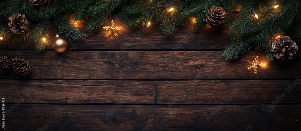Poster christmas decor on a wooden background. with copy space image. place for adding text or design