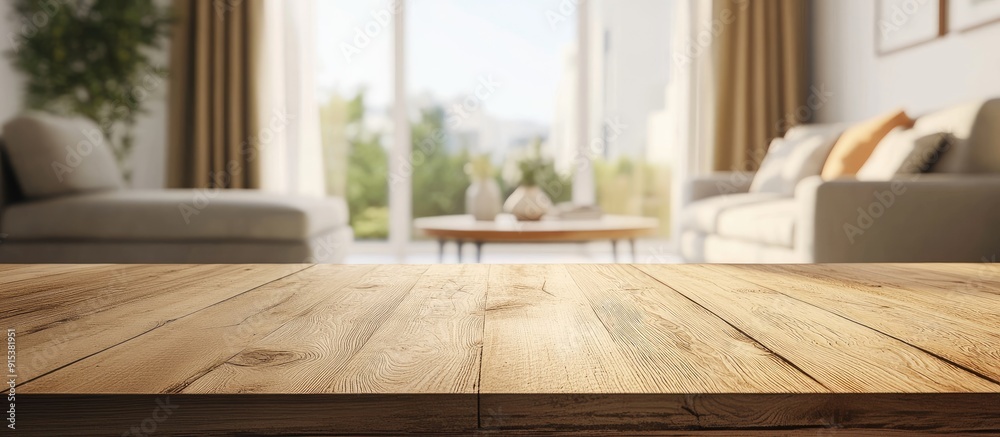 Poster modern minimalist scandinavian living room viewed through a blurred wooden tabletop ideal for advert