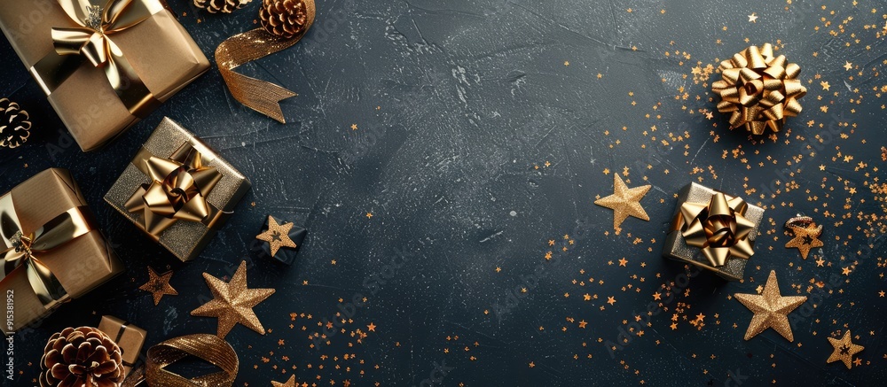Poster Flat lay background for Christmas or parties featuring gift boxes golden bows and stars Flat lay top view. with copy space image. Place for adding text or design