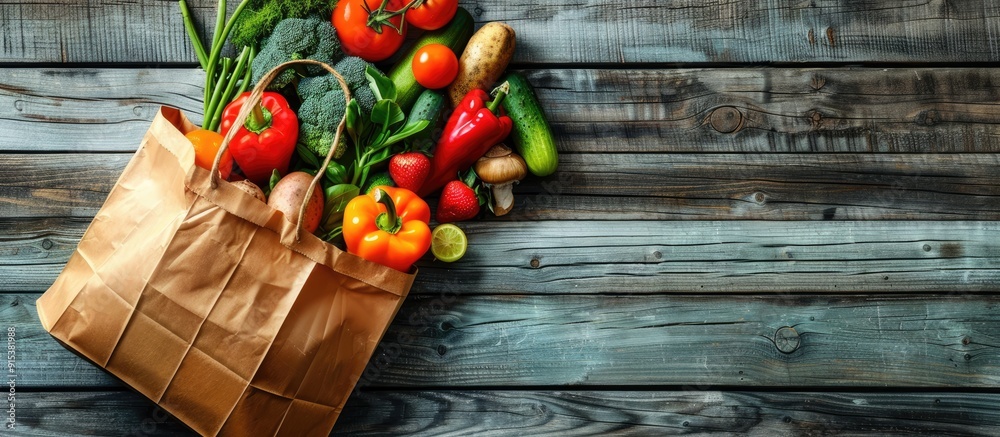 Fototapete grocery shopping idea balanced diet idea fresh produce with a shopping bag on a rustic wooden backgr