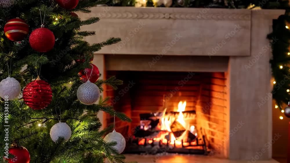 Wall mural Christmas tree close up on burning fireplace background