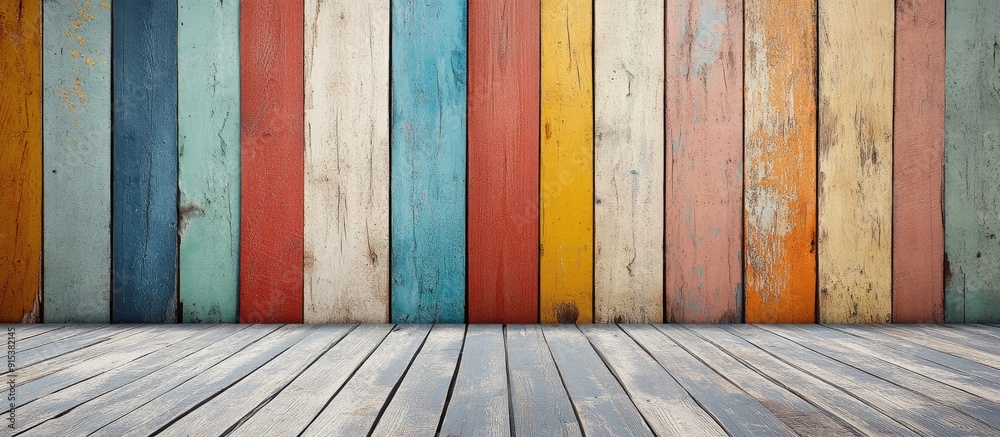Poster wooden wall painted in various colors interior feature. with copy space image. place for adding text