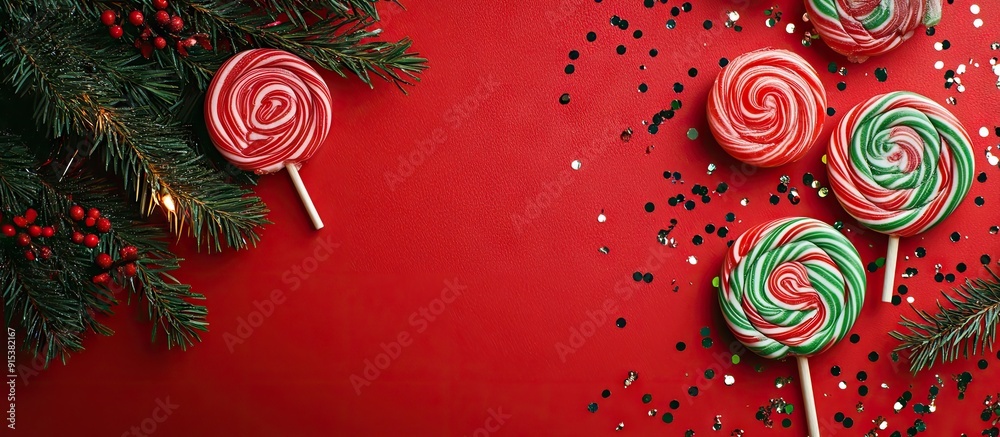 Poster christmas card featuring lollipops a green spruce branch and confetti on a red background flat lay t