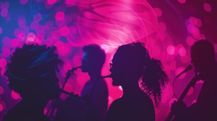Silhouettes of musicians performing on stage with neon lights.