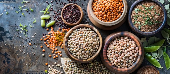 A pile of cowpea spread across a black surface known as black eyed pea or southern pea is one of the most popular edible grain legumes with space for text. with copy space image